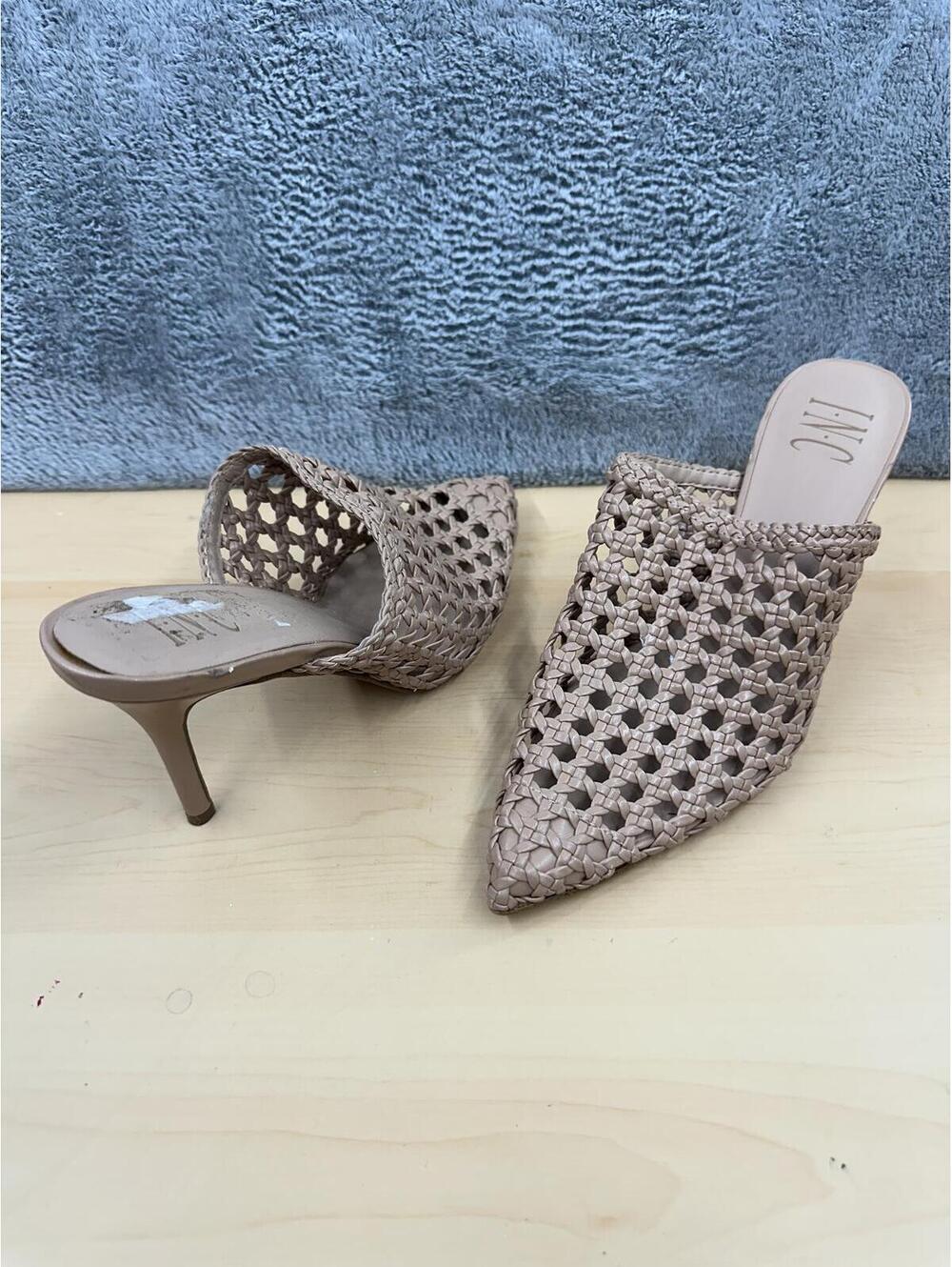 INC Beige Woven Pointed Toe Mules Mid Heel Summer Casual Chic Shoes